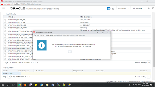 The Batch Execution Status pop-up window displays the status of the excute batch.