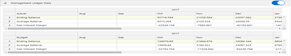 This section of the window displays the Management Ledger data for the Actual and Budget (planned) with details for Ending Balance, Average Balance, and Net Interest Margin.