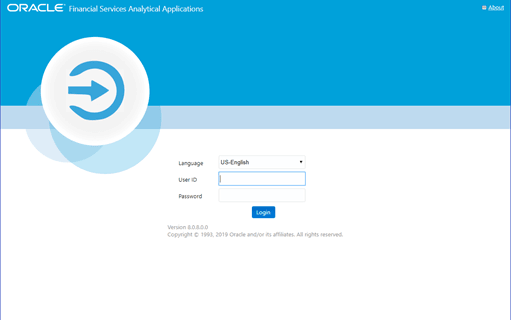 This illustration shows the login page for the OFSAA applications. You can select the required Language, enter valid User ID and Password, and then click Login.