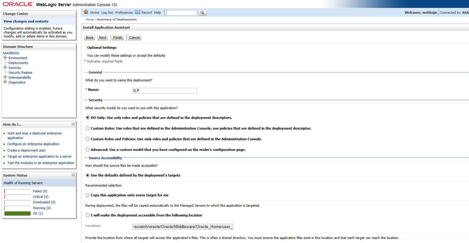 This image shows the Install Application Assistance page with Optional Settings screen.