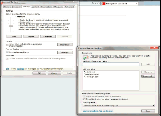This image shows the Internet Options- Popup Blocker Settings. This image shows the Internet Options- Popup Blocker Settings.