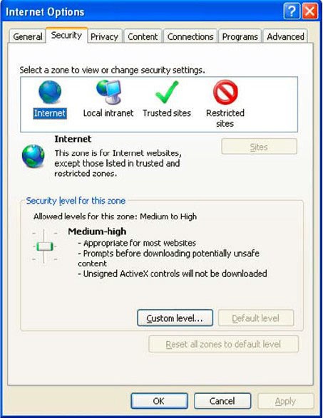 This image shows the Internet Options - Security Tab. This image shows the Internet Options - Security Tab.