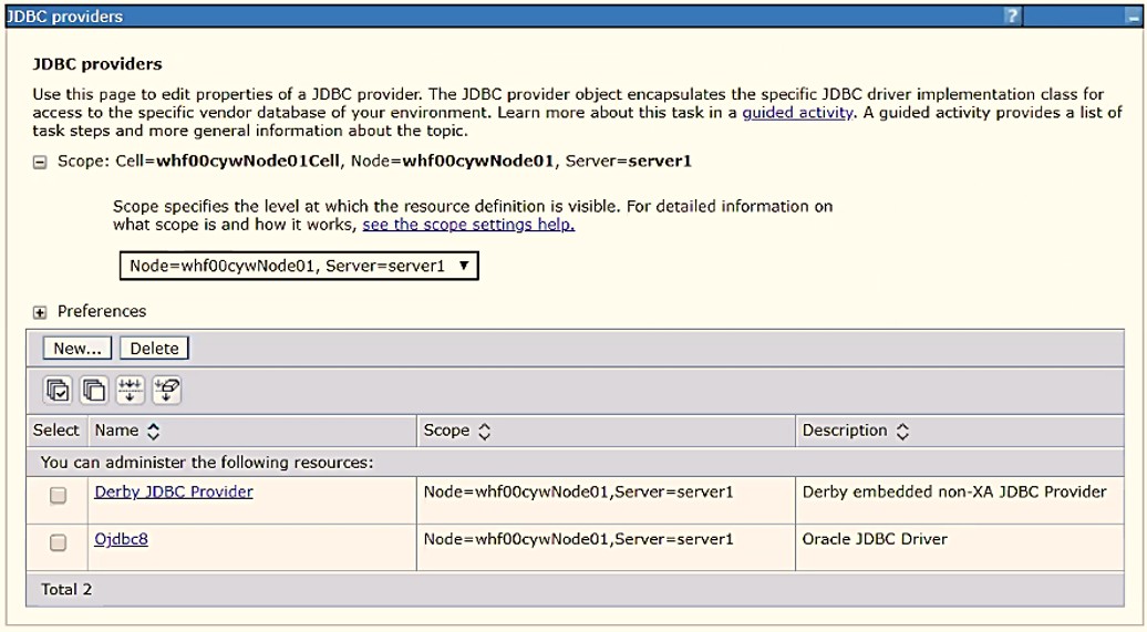This image shows the JDBC Providers screen. This image shows the JDBC Providers screen.