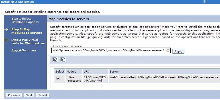 This image shows the Map modules to servers screen.