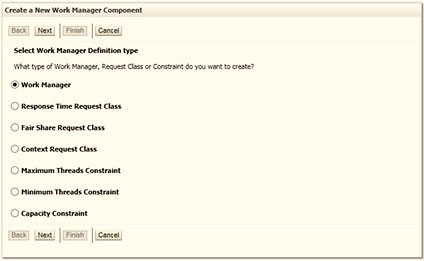 This image shows the New WebLogic Work Manager screen. This image shows the New WebLogic Work Manager screen.