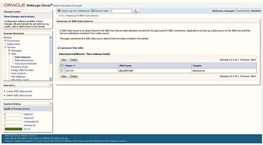 This image shows the Summary of JDBC Data Sources screen. This image shows the Summary of JDBC Data Sources screen.