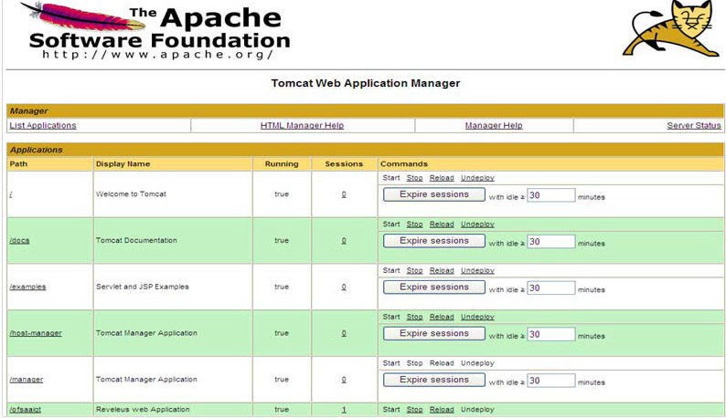 This image shows the Tomcat Web Application Manager screen. This image shows the Tomcat Web Application Manager screen.