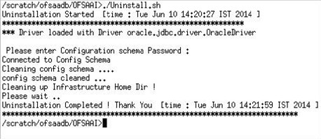This image shows the uninstalling of the OFSAA Infrastructure. This image shows the uninstalling of the OFSAA Infrastructure.