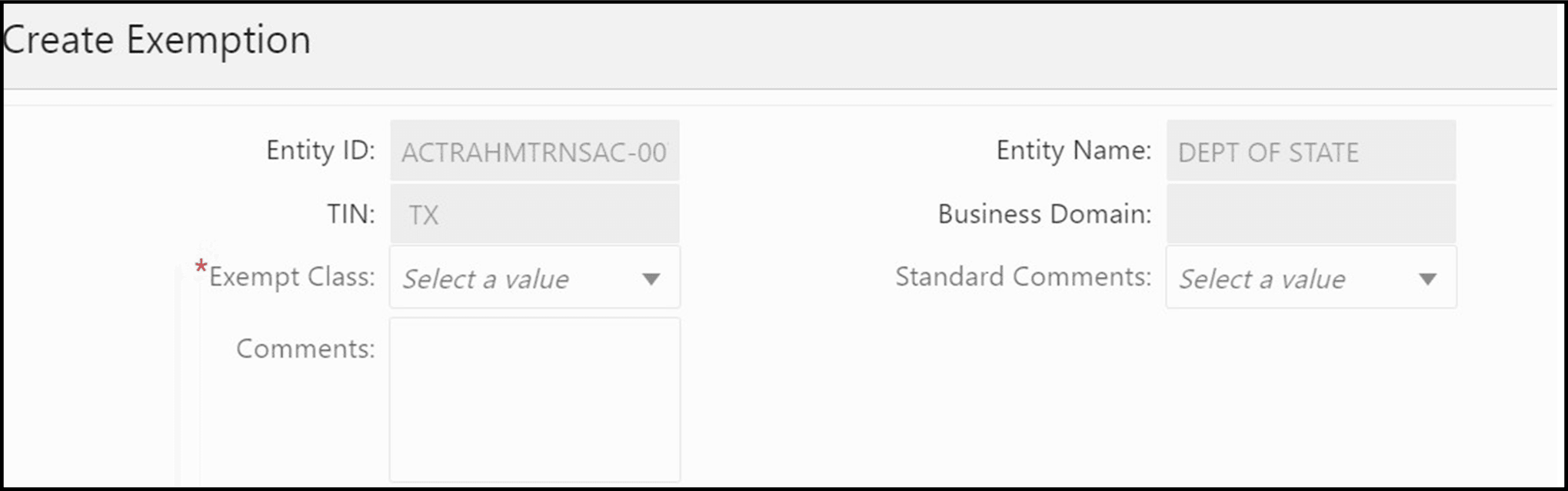 Create Exemption Dialog window