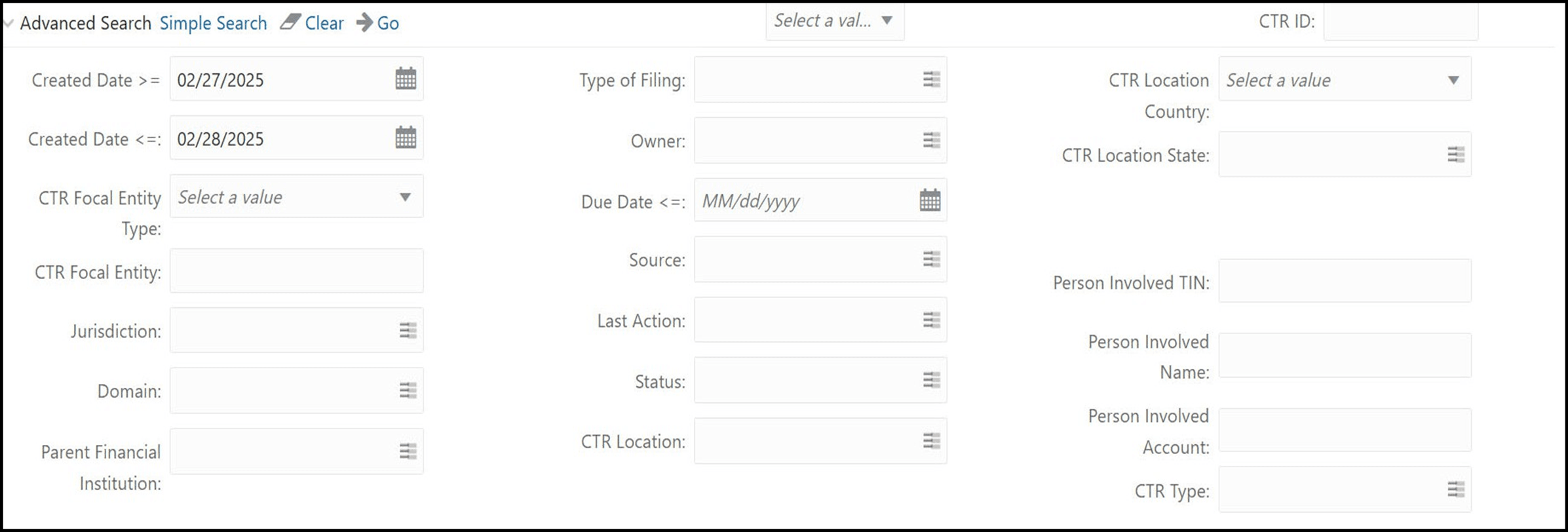 Currency Transaction Report Advanced Search View