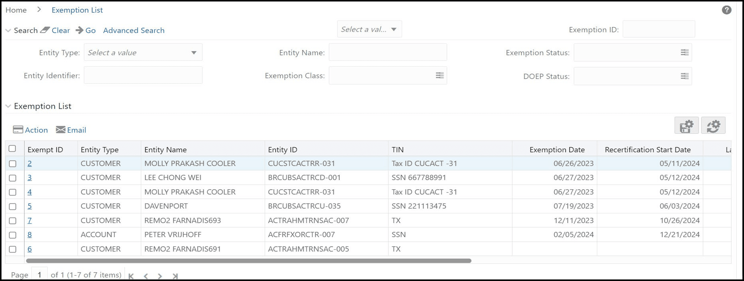 Exemption Search and List page