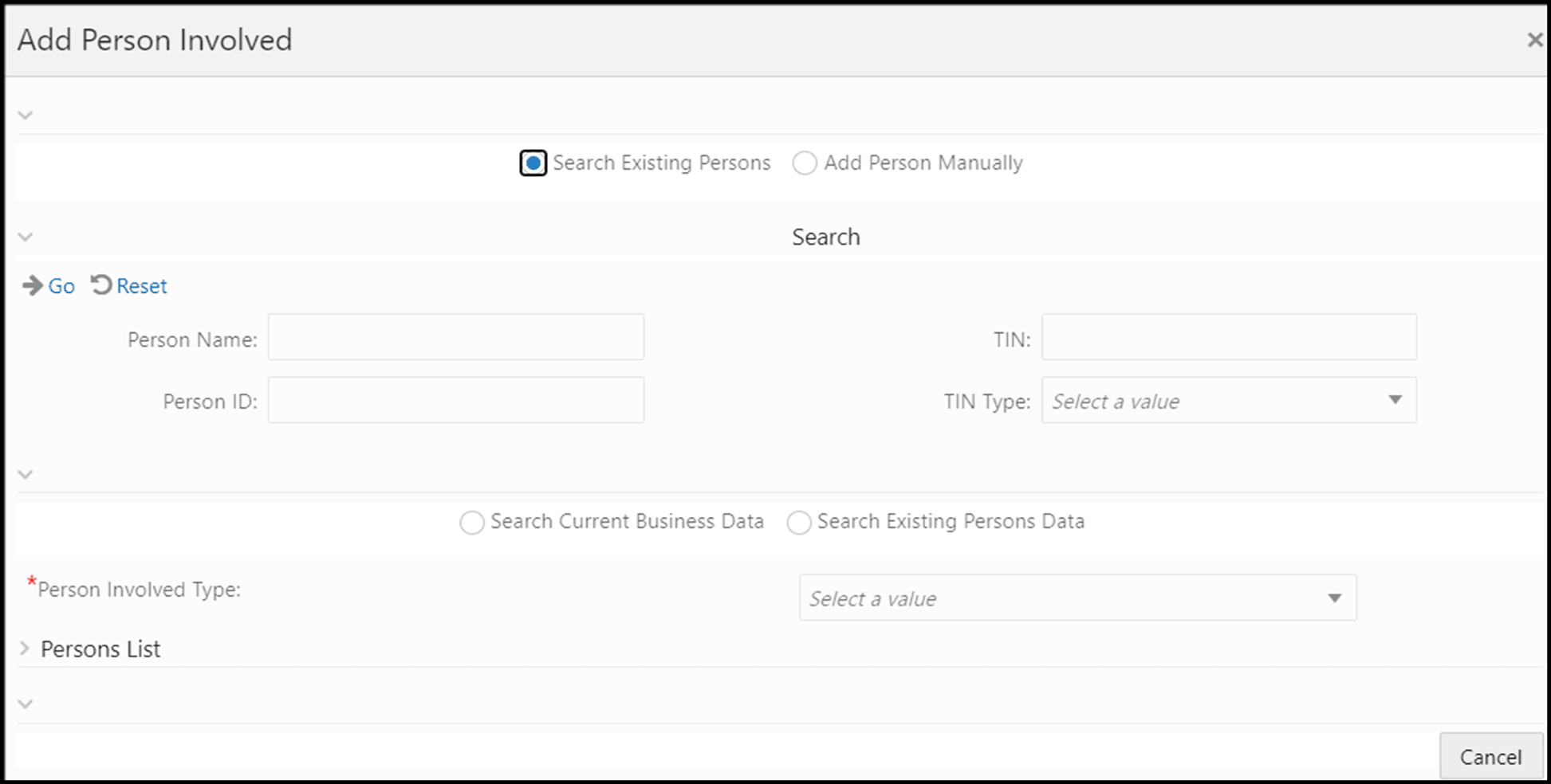Search for the Existing Person window Search for the Existing Person window