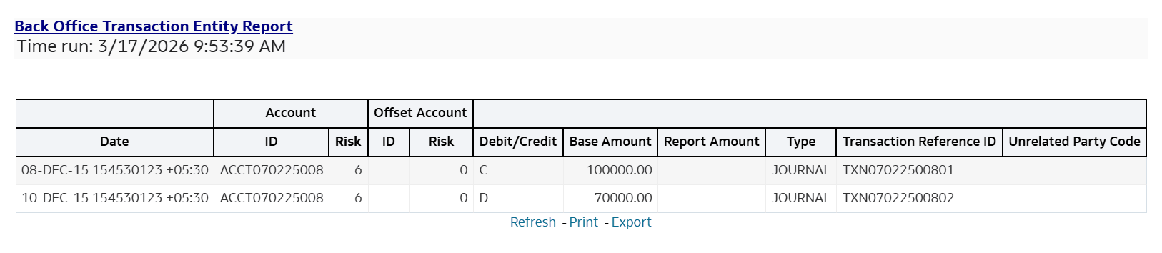 Back Office Transaction Entity Report