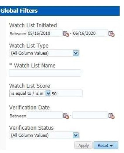 Global Filters for Watch List Match Report