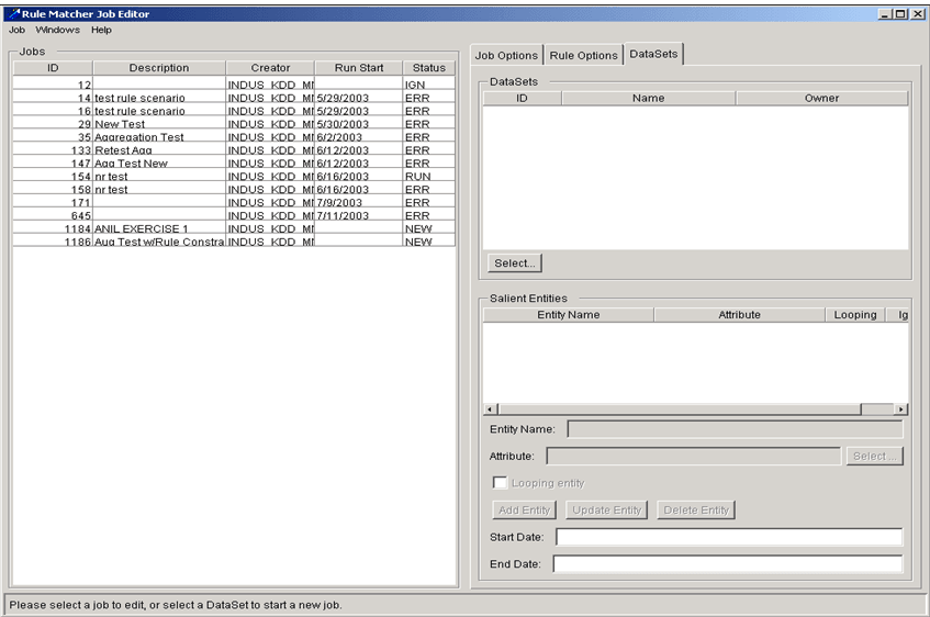 Rule Matcher Job Editor window Rule Matcher Job Editor window