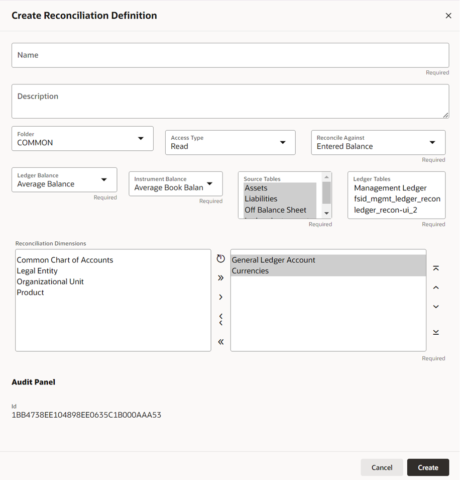 The Create Reconciliation screen allows you to define a new Reconciliation Definition. The Create Reconciliation screen allows you to define a new Reconciliation Definition.