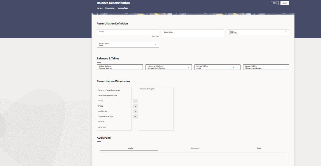 Create Reconciliation Definition Screen
