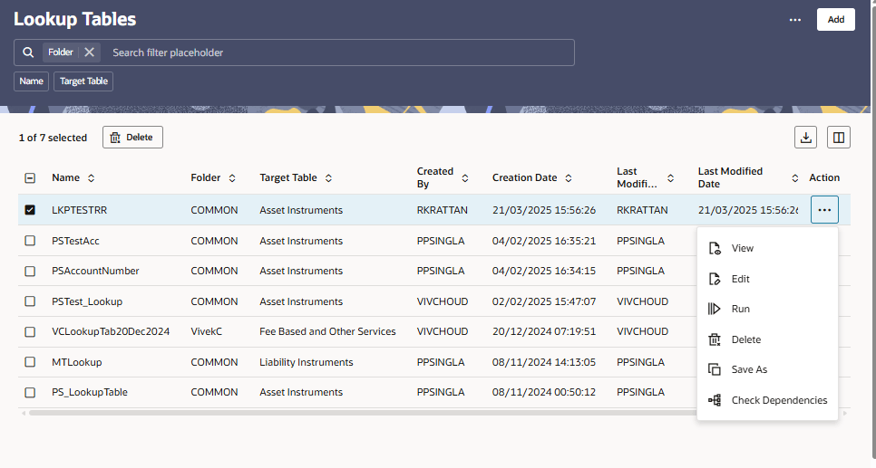 Lookup Tables — Actions menu