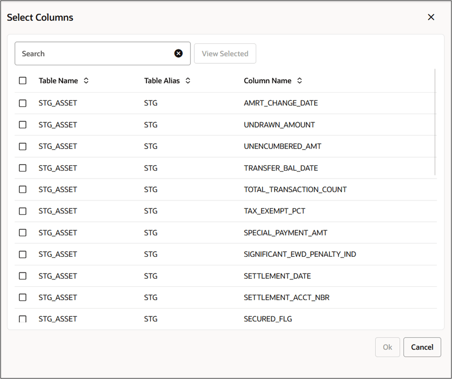 Select Columns window Select Columns window