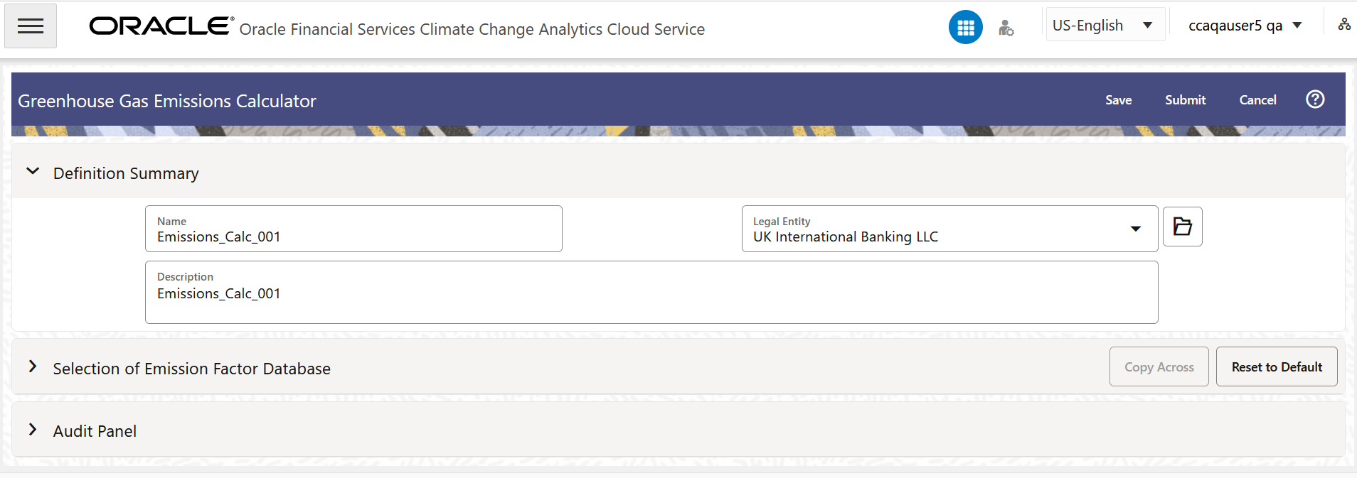 The Greenhouse Gas Emissions Calculator window