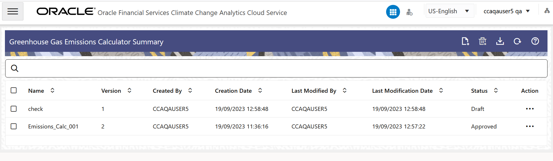 The Greenhouse Gas Emissions Calculator Summary screen