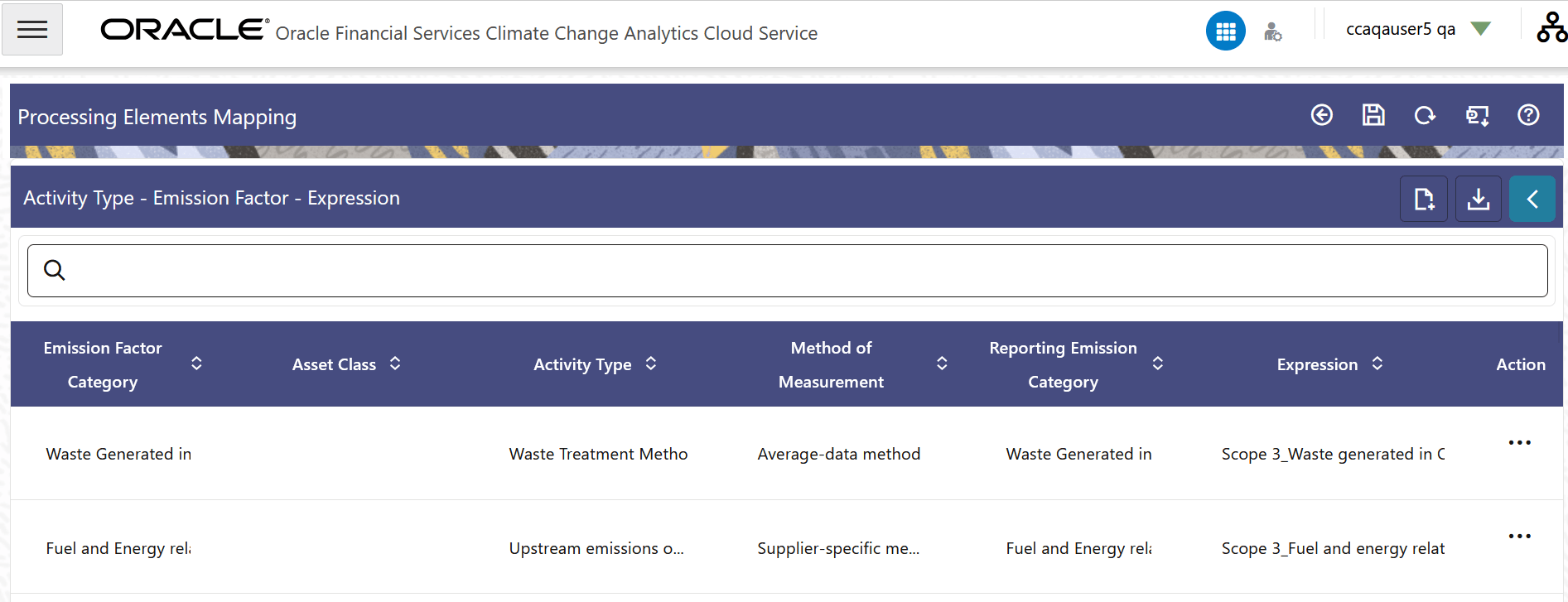 The Activity Type- Emission Factor- Expression page