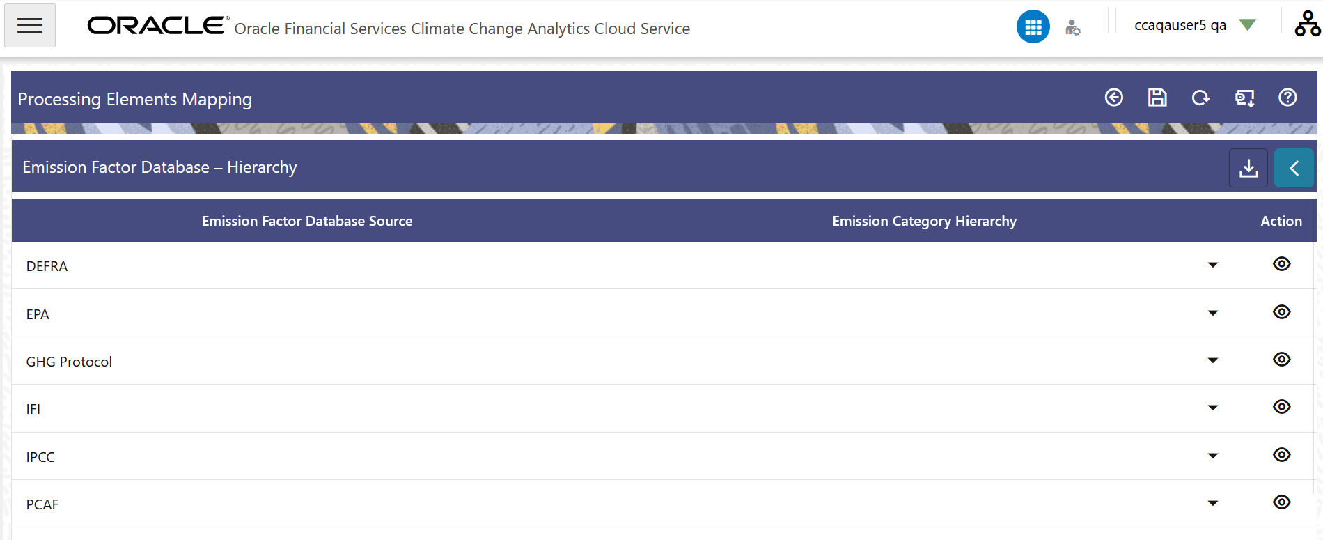 Emission Factor Database – Hierarchy Page