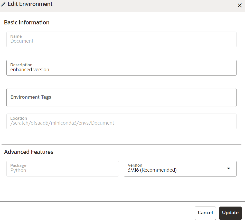 This image displays the Edit Environment page.