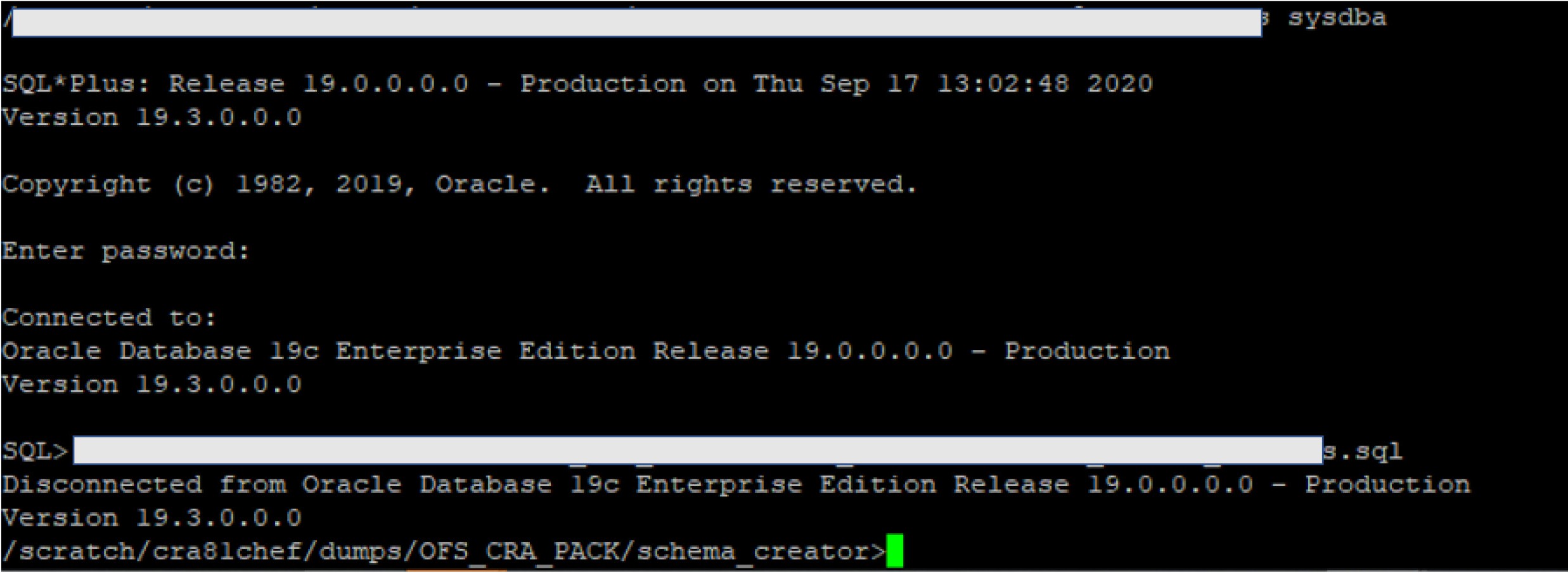 Description of Schema Creation in Offline Mode – Execute sysdba_output_scripts.sql follows This illustration shows execution of the sysdba_output_scripts.sql scripts, during schema creation in offline mode.