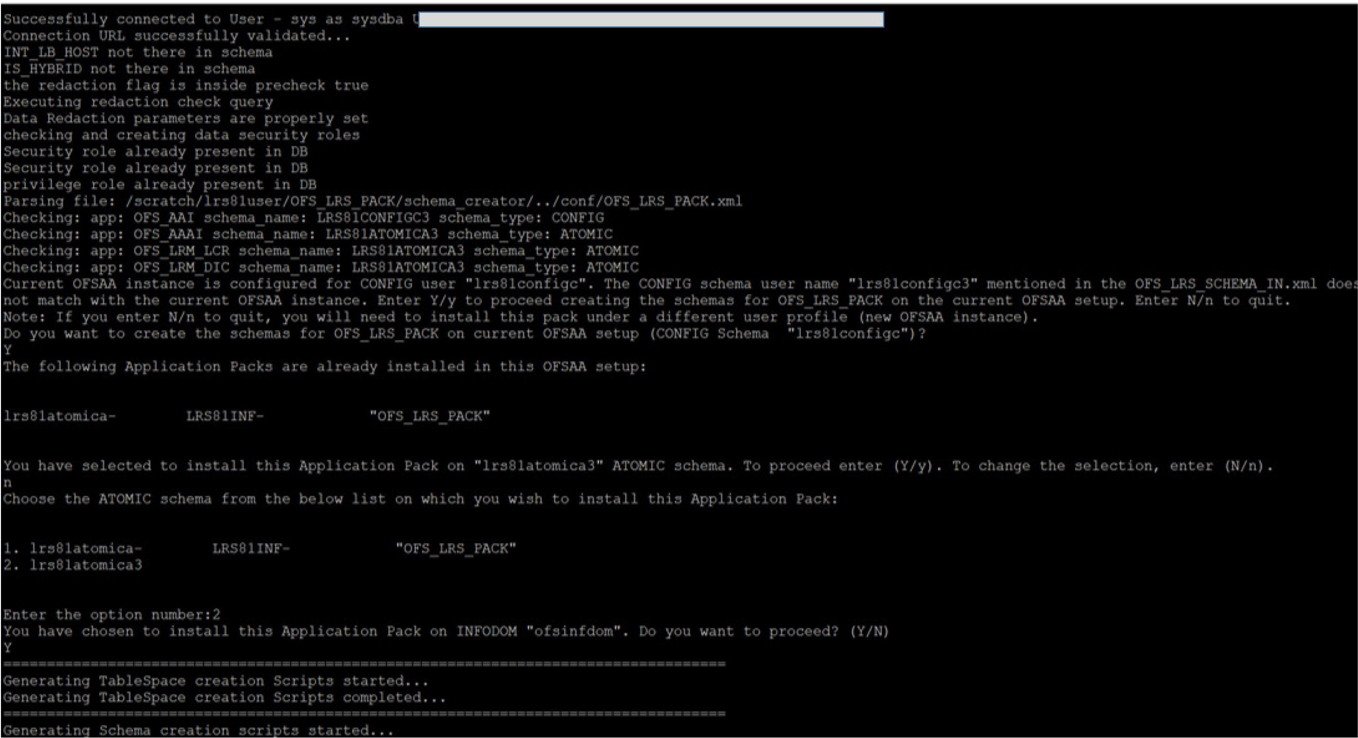 Description of Install Subsequent Applications Pack– Select Atomic Schema and Infodom follows This illustration shows selection of the Atomic schema and infodom during the schema creation to install subsequent applications packs.