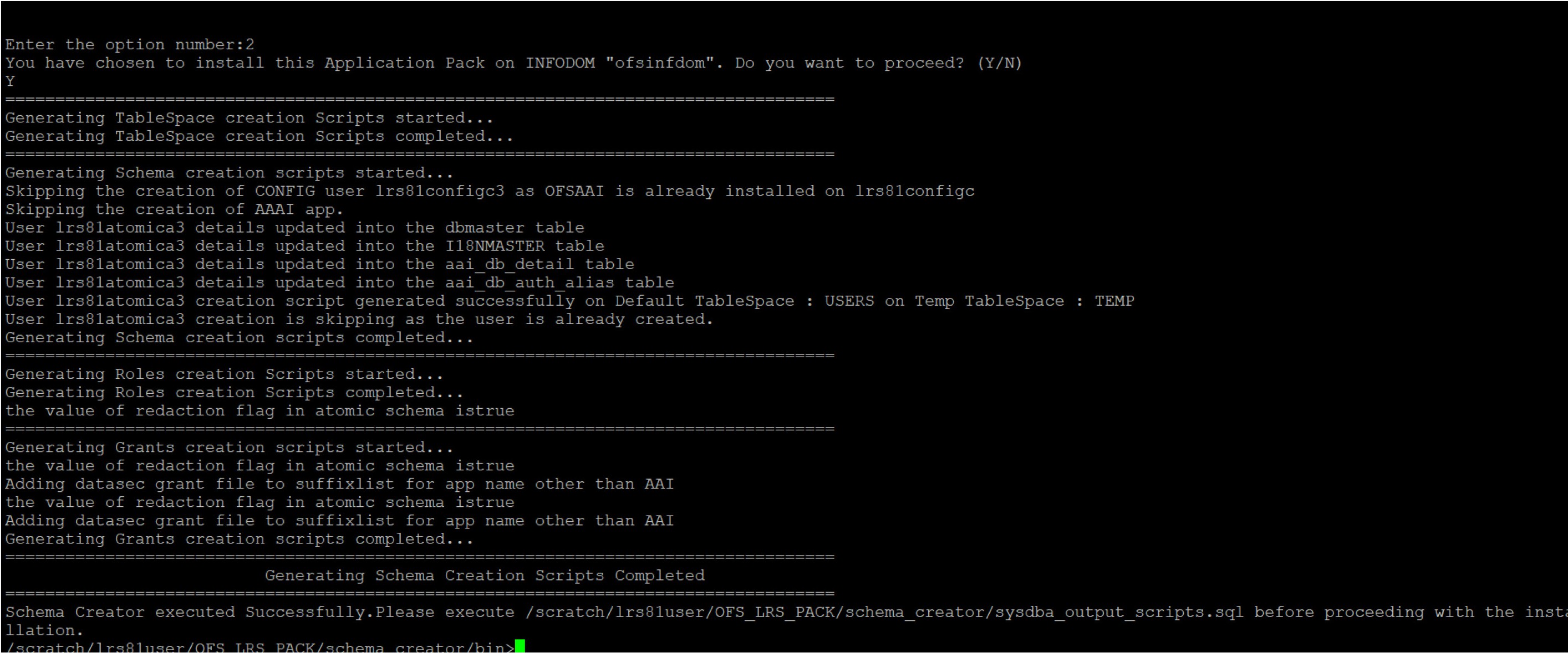 Description of Install Subsequent Applications Pack– Select Atomic Schema and Infodom follows This illustration shows selection of the Atomic schema and infodom during the schema creation to install subsequent applications packs.