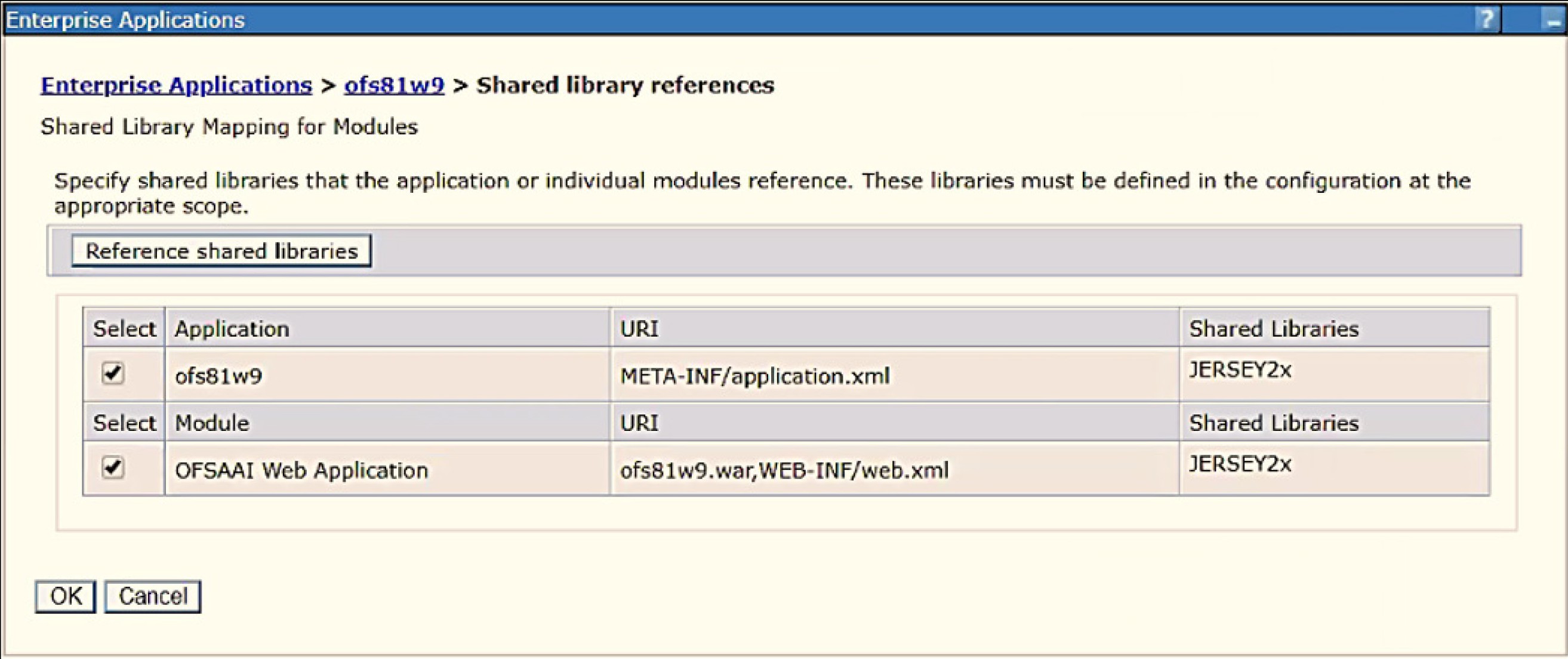 This image shows WebSphere Shared Libraries Select Next Application