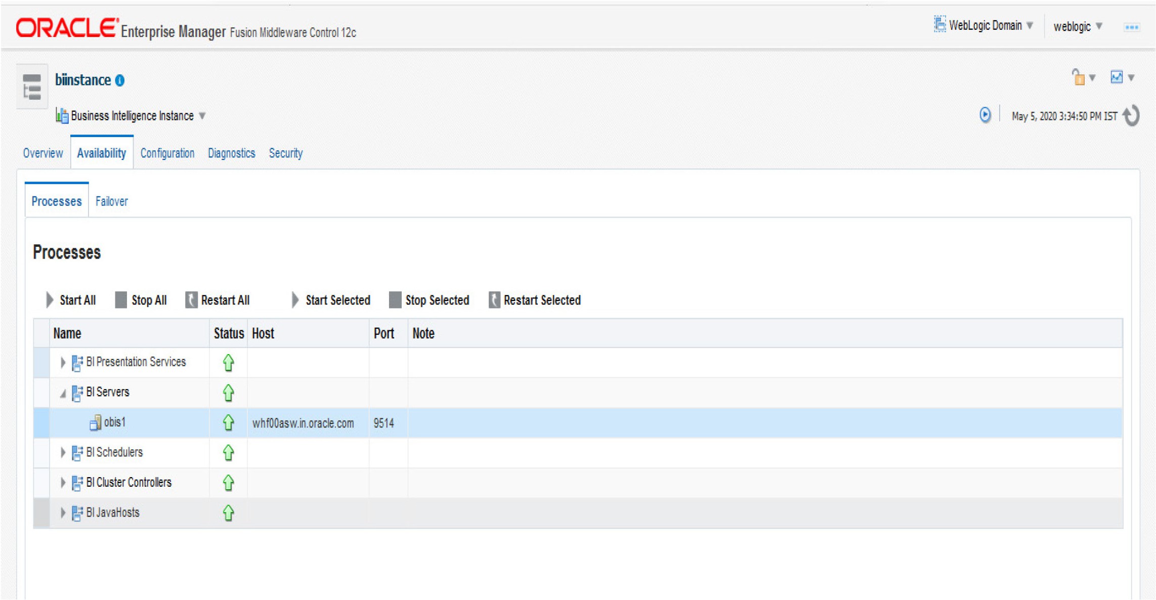 Description of the image follows This illustration shows updating of the port number in the BI server. Update the port with the port number available for the BI Server in the Availability tab of Business Intelligence in the Enterprise Manager. Description of the image follows This illustration shows updating of the port number in the BI server. Update the port with the port number available for the BI Server in the Availability tab of Business Intelligence in the Enterprise Manager.
