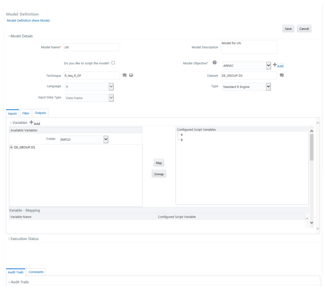 This image displays the Model Definition page.