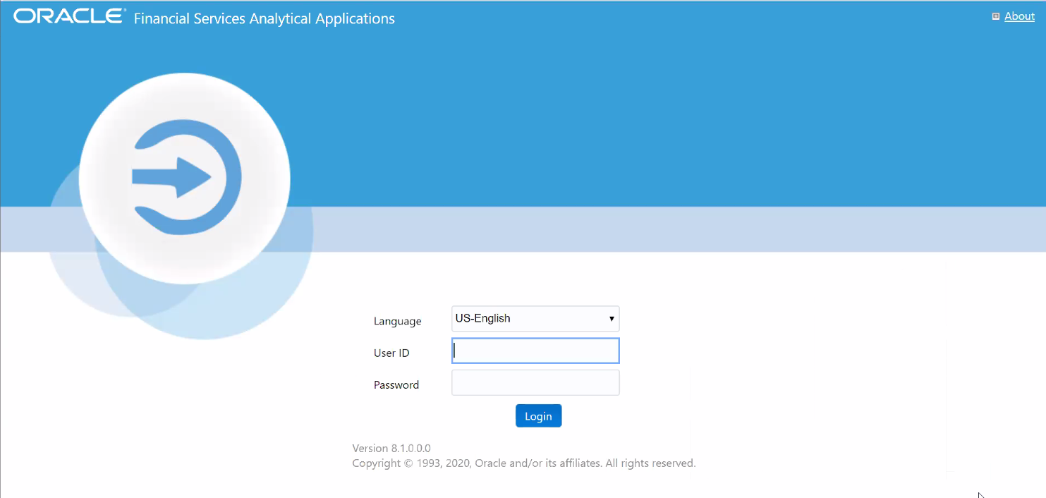 This image displays the Oracle Financial Services Enterprise Modeling Application Login page.