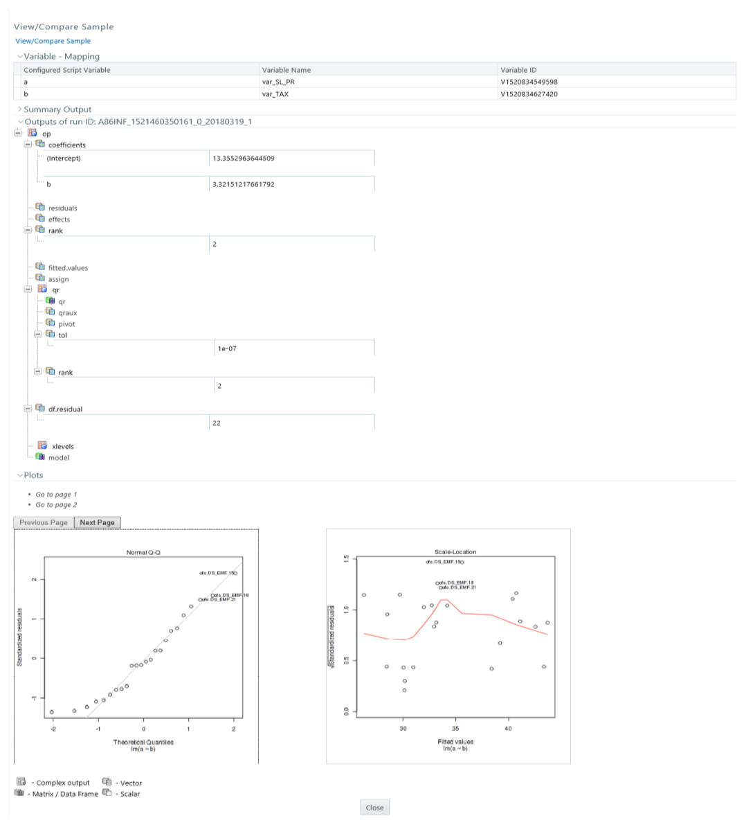 This image displays the Output window for R scripted models.