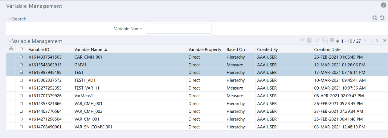 This image displays the Variable Management window.
