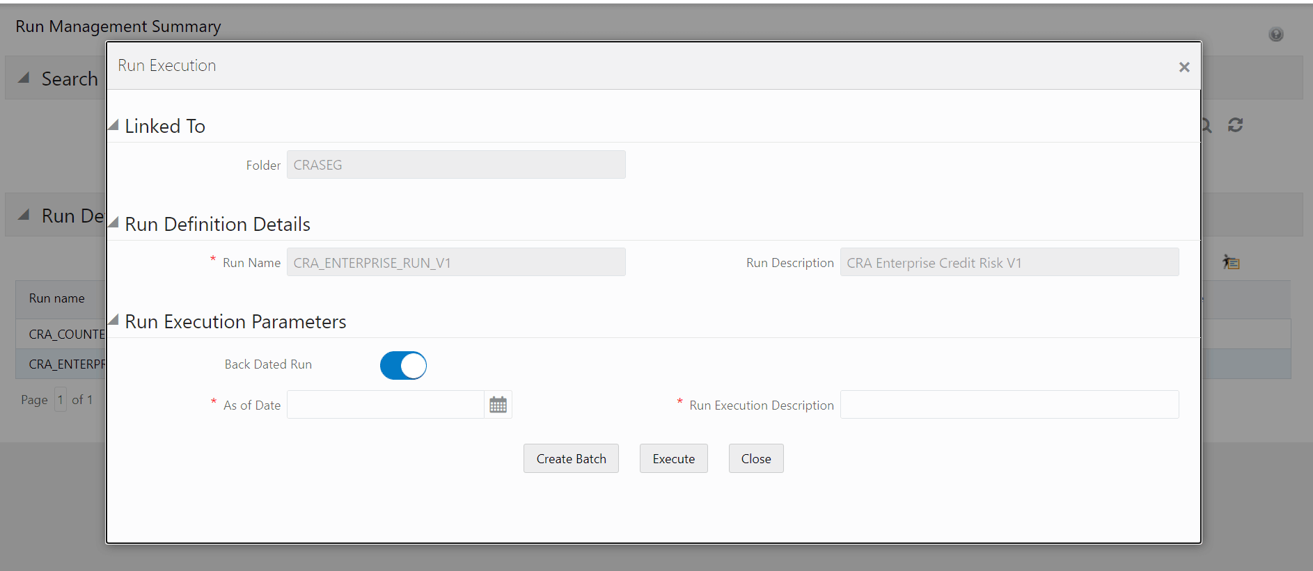 This image displays the Run Execution Parameters window. This image displays the Run Execution Parameters window.