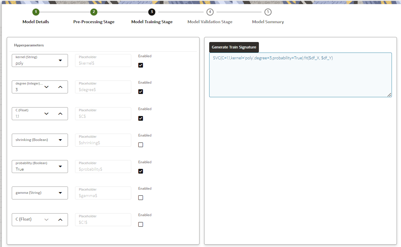 This image displays the Model Training Stage screen page.