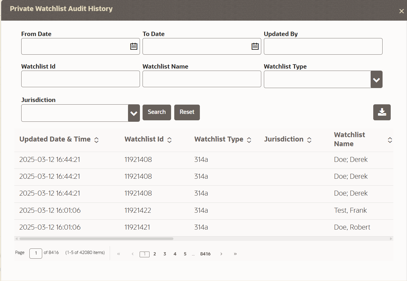 This image displays the Private Watchlist Audit History.