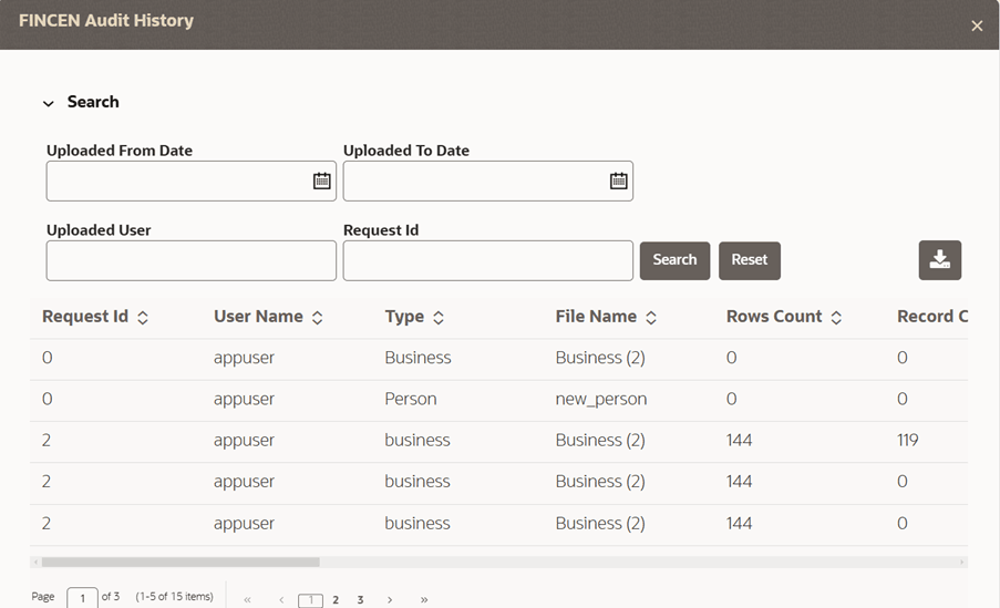 This image displays the Fincen Audit History.