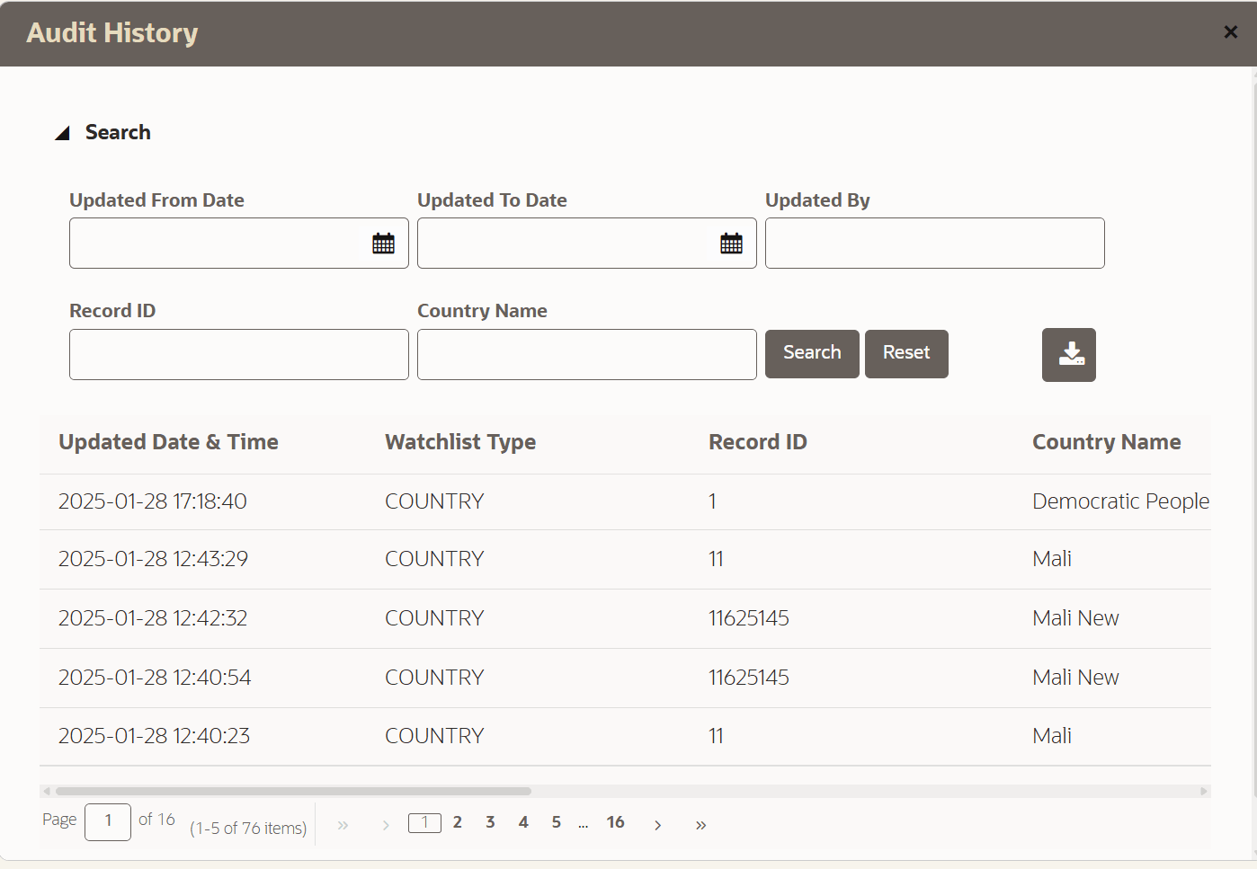 This image displays the Prohibited Country Audit History.