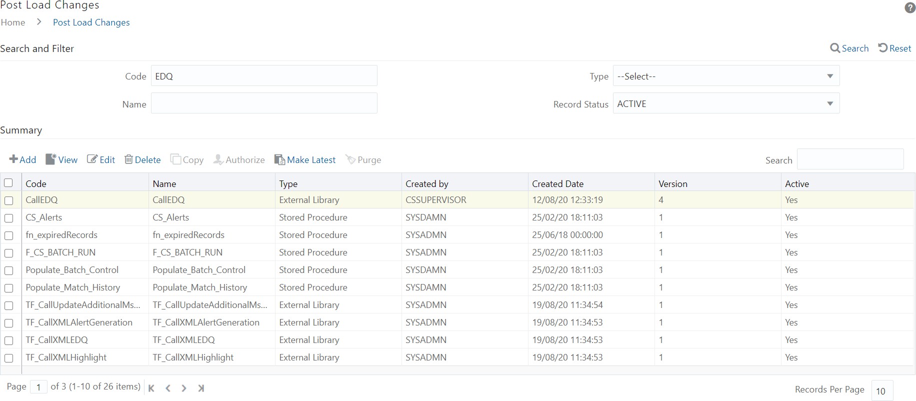 Post Load Changes Page