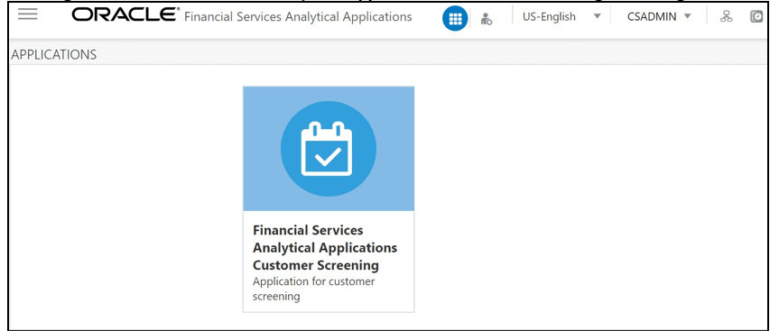 This image displays the Financial Services Analytical Applications Customer Screening tile. This image displays the Financial Services Analytical Applications Customer Screening tile.