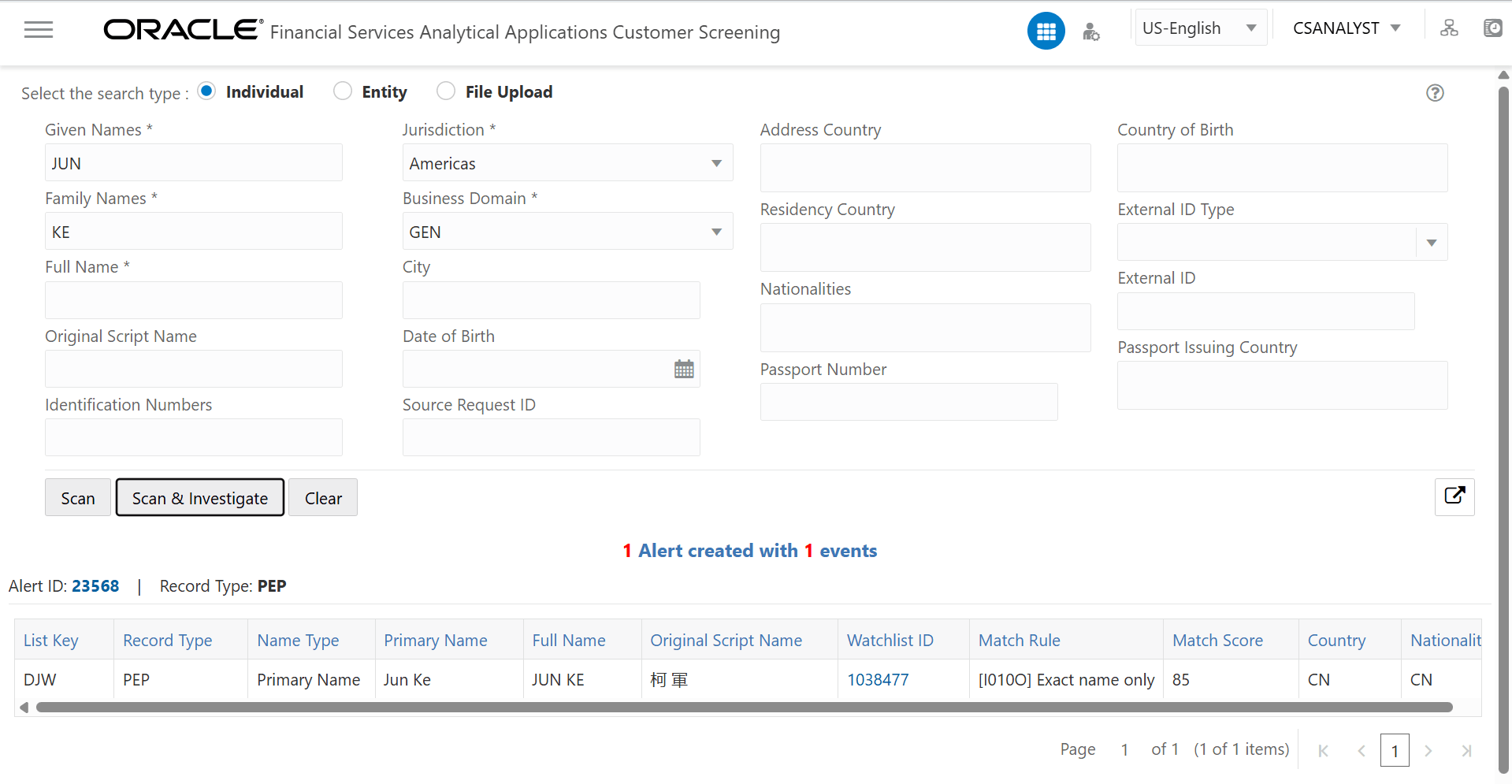 This image displays the Individual Search Type.