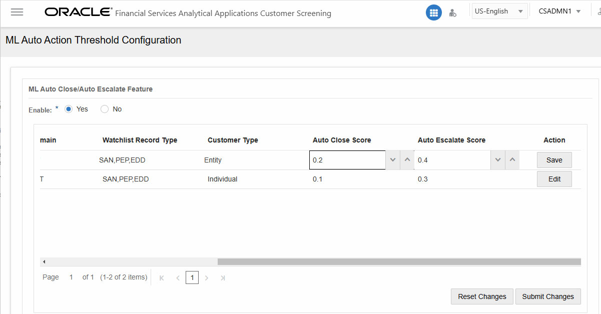 The ML Auto Action Threshold Configuration screen score