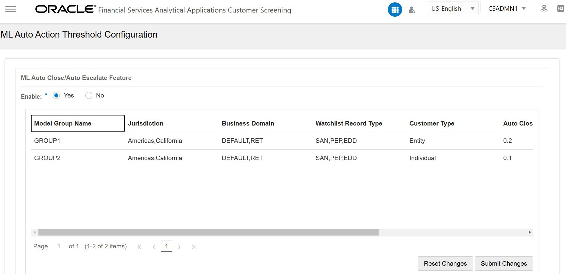 ML Auto Action Threshold Configuration screen
