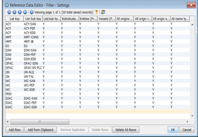 This image displays the Reference Data Editor–Filter-Settings window.