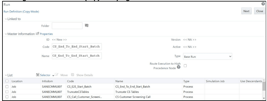This image displays the Run Definition (Copy Mode) page.