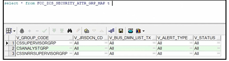 This image displays the FCC_ZCS_SECURITY_ALERT_GRP_MAP table.